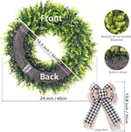 Set of 2, 24-26'' Large Boxwood Wreath for Front Door, Porch, Window - Foldable Greenery Boxwood Wreaths for Farmhouse Wedding Decor - Spring, Summer, Fall, All Seasons (with Bow)