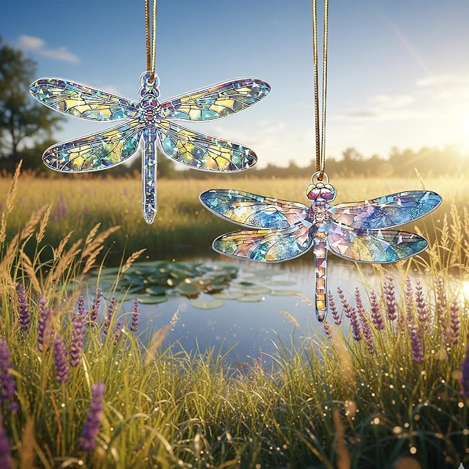Set Two Dagonfly Ornament, Dragonfly Gift for Women, Dragonflies Decor Suncatcher Effect, Dragon Fly Stained Glass, Dragonfly Ornaments for Christmas Tree, Birthday Gift for Mom