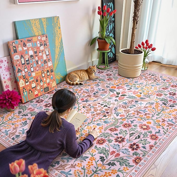 Moynesa Floral Washable Area Rug 5x7, Pink Rugs for Bedroom Soft Living Room Rug, Non Slip Ultra Thin Boho Rug for Nursery Flower Indoor Floor Carpet for Girls Room Dorm, Pink