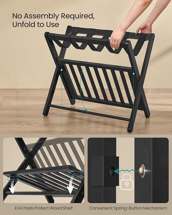 SONGMICS Solid Wood Luggage Rack, No Assembly Required, Foldable Suitcase Stand, Luggage Holder, with Storage Shelf, for Guest Room, Hotel, Bedroom, Ink Black URLR020B02