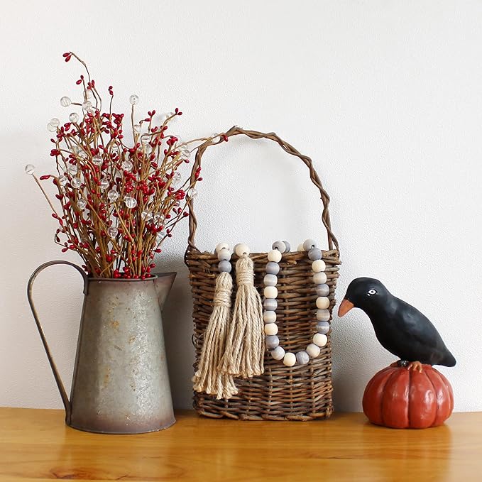 CVHOMEDECO. Wood Beads Garland with Tassels Farmhouse Rustic Wooden Prayer Bead String Wall Hanging Accent for Home Festival Decor. Grey Mix Distressed