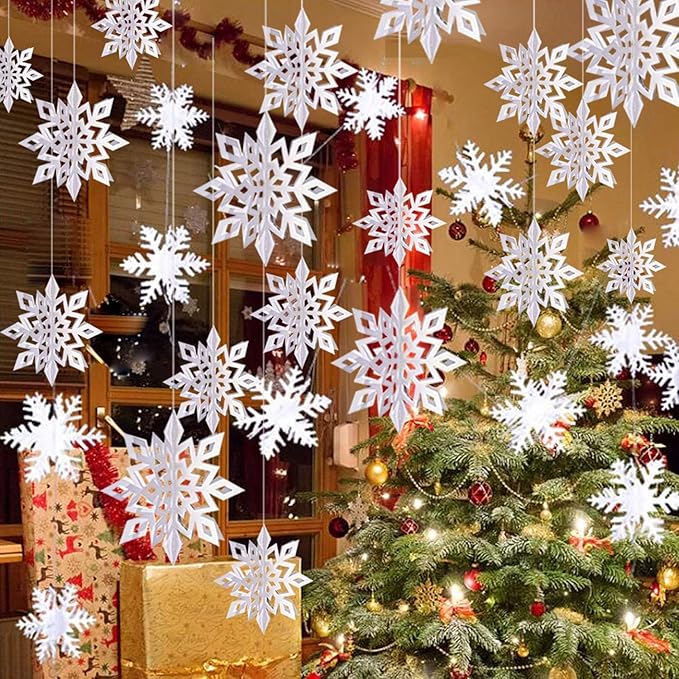 OuMuaMua Winter Christmas Snowflake Decorations Indoor, 24PCS 3D White Snowflakes Hanging Ornaments for Home Xmas Christmas Holiday Winter Wonderland New Year Party Decorations
