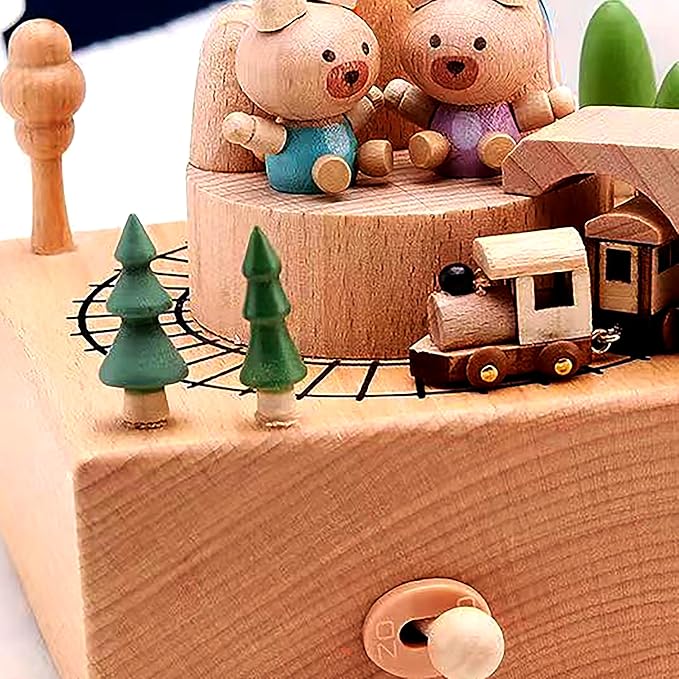 Natural Solid Wood Handcrafted Beech Wooden, Musical FigureTotoro/Carousel/Fairy/Ballerina Figurine,Rotating Hand Crank Mechanism Music Box,Musical Decorations (Little Bear and Train)
