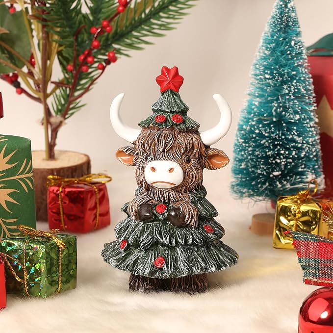 DUQGUHO Cow Christmas Ornaments Xmas Resin Ornament Statue Desk Accessories Christmas Figurines 4 Inch Mini Highland Cow Gifts for Women