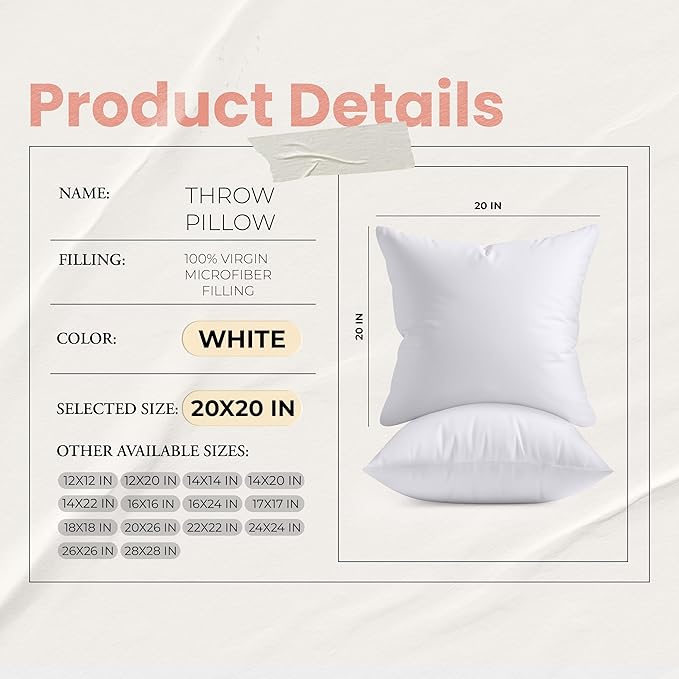 Utopia Bedding 20x20 Pillow Inserts, Set of 2, White – Indoor Decorative Throw Pillows for Bed, Sofa & Couch – Soft, Supportive & Fluffy Cushion Inserts