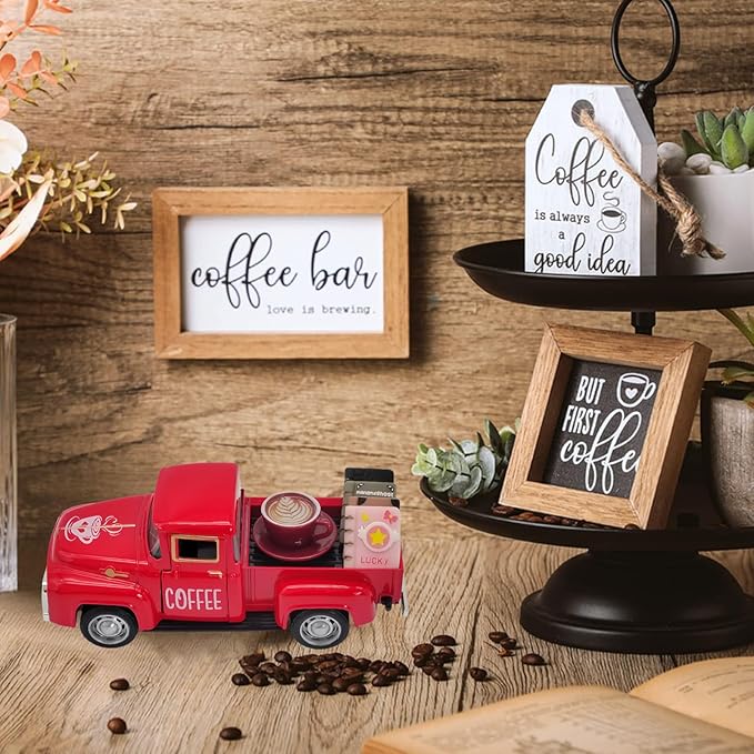 Coffee Bar Decor Vintage Mini Metal Pickup Truck Decor with Book Accessories for Coffee Station,Farmhouse Tiered Tray Table Decorations for Home Kitchen, Office, Cafe