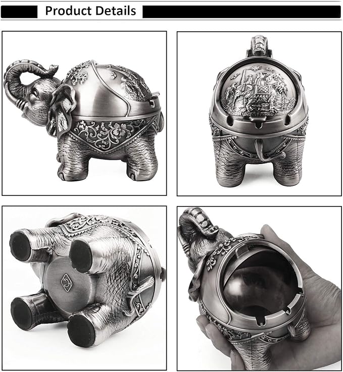 LAUYOO Metal Elephant Ashtray with Lid Windproof Ashtray Outdoor, Indoor Ashtrays for Weed, Vintage Practical Decoration Ashtrays for Cigarettes Great Gift for Men Women(Pewter)
