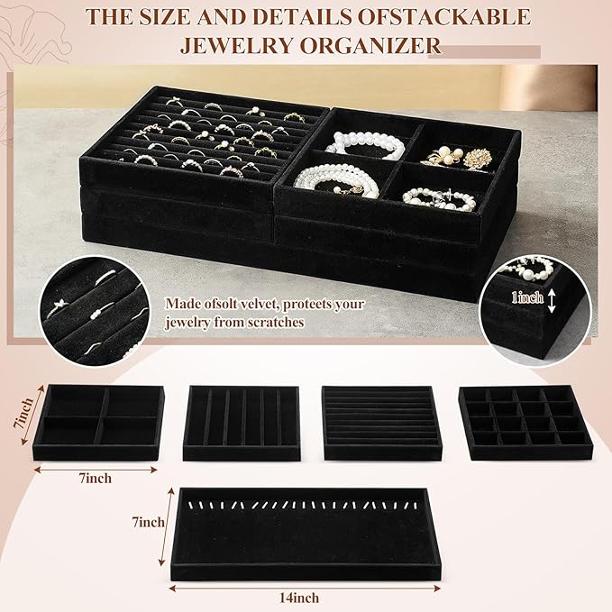 Set of 10 Stackable Jewelry Organizer Trays for Drawer 14 Inch Velvet Jewelry Drawer Insert Display Storage with Removable Divider for Necklace Earring Ring Watch Bracelet (Black)