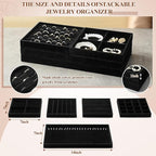 Set of 10 Stackable Jewelry Organizer Trays for Drawer 14 Inch Velvet Jewelry Drawer Insert Display Storage with Removable Divider for Necklace Earring Ring Watch Bracelet (Black)