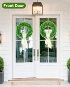 DDHS 23 Inch Large Boxwood Wreath for Front Door, Round Artificial Spring Summer Greenery Wreath with Hello Sign & Sash, Green Wreaths for Farmhouse Wedding Year Round Indoor Outdoor Home Decor