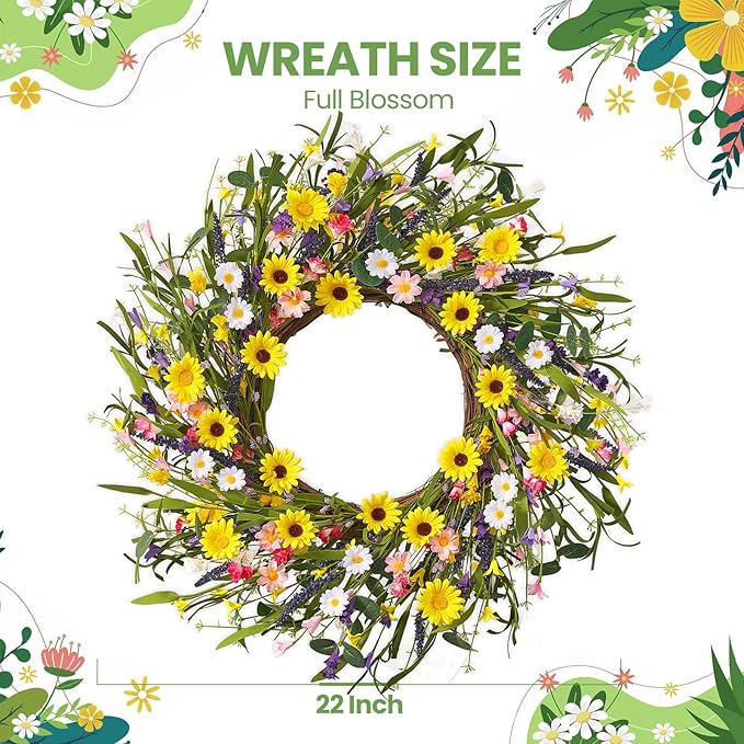 Spring Wreaths for Front Door, 22 Inch Spring and Summer Daisy Wreath for Farmhouse Porch Wall Window Home Decor for Indoor Outdoor Housewarming Gift