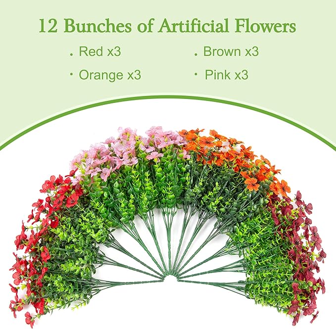 Artificial Flowers for Outdoors Potted Spring Decor, 12 Bundles Fake Summer Daisy with Realistic Eucalyptus Leaves, Faux Plants for Greenery Boxwood Porch Patio Garden Pot Lawn