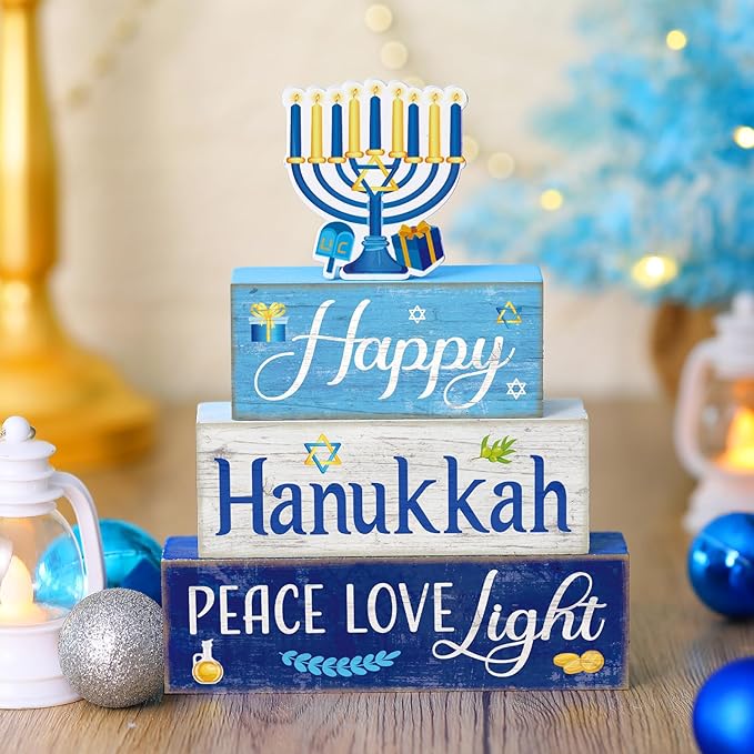 Moucuny 4 Pcs Hanukkah Decorations for Home Chanukah Table Decor Wooden Menorah Decoration Hanukkah Centerpiece Rustic Decorative Menorah Block Signs Gift Farmhouse Jewish New Year Decoration for Home