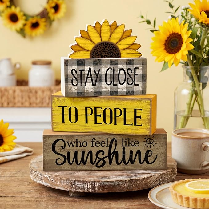 Lineshading 4 Pcs Farmhouse Sunflower Table Decorations Stackable Rustic Wooden Sunflower Block Signs Summer Tiered Tray Decor Centerpiece Rustic Country Sunshine Themed Decor for Home Mantel Shelf