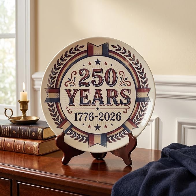 250th Anniversary Decorative Plates 10 Inch Vintage Patriotic Decorations Commemorative Plates with Stand Independence Day 4th of July Semiquincentennial Home & Office Decor