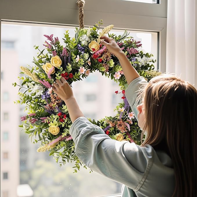 Lush Eucalyptus Wreath for Front Door - 24" Colorful Floral Wreath with 10+ Mixed Foliage & Blooms - All-Season Farmhouse Outdoor Wreath for Spring Summer Porch Wall Decor