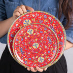 KAMMAK Decorative Plates Set for Display, Red Ceramic Plate Decor with Stand, Handmade Vintage Porcelain Ornament for Table, Living Room, Kitchen, Office, Perfect Chinese Style Dish Gift (8in+10in)