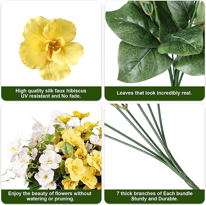 Fake Hibiscus Artificial Flowers for Outdoors Spring Summer Decoration, 6 Bundles Silk Hibiscus Flowers Bouquet UV Resistant Look Real Faux Plants for Outside Planter Front Door Porch Balcony, 2MixHB
