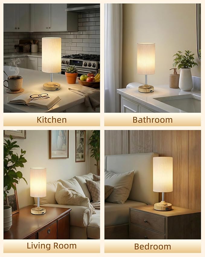 Rechargeable Table Lamp, 2-Pack, Ambient Light, Dimmable, 2700K, Timer, Touch Control, Portable, LED, Wireless, Cordless e, Battery Operated, Desk Lamp, Kitchen Lamp, Fabric Shade, Wood-Grain Finish