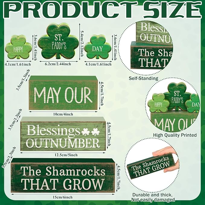 Lineshading 4 Pcs St. Patrick's Day Decor Wooden Shamrock Decoration Saint Patty's Day Tiered Tray Decor Rustic Wooden Shamrock Block Sign Irish Table Centerpiece Farmhouse for Party Home Kitchen