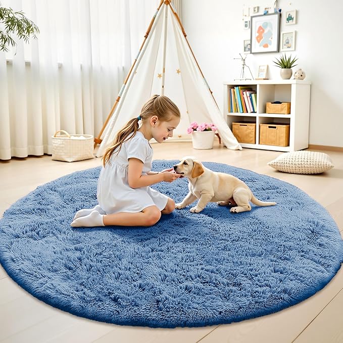 OLANLY Blue Round Rugs for Bedroom - Machine Washable, 5 ft Circle Area Rugs for Living Room, Soft and Fluffy Shaggy Carpet for Teen Girl and Boys, Nursery Rooms, Dorms, Home Decor Aesthetic