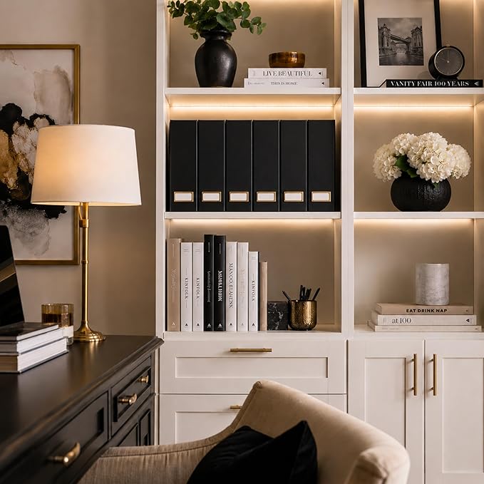 BLU MONACO | Cardboard Magazine File Holder Set of 6 Black | Vertical Magazine File Holder with Gold Label Slots | Standing File Holder and Cardboard Bins for Shelves Desk Storage