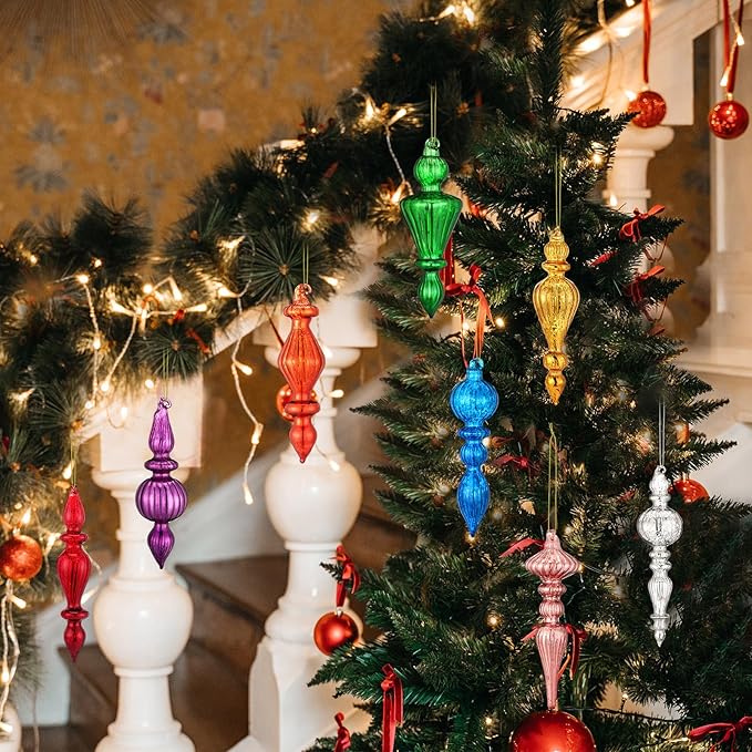 Mifoci 8 Pcs 6 Inch Mercury Glass Finial Christmas Ornaments Hanging Christmas Finials Glass Ornaments Assorted Mercury Decor for Vintage Holiday Xmas Tree Decoration(Mixed Color)