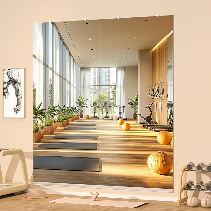 Hasipu Home Gym Mirror, 95"x40" Each, 2-Pack Frameless Wall Mounted Mirrors with Glass Clamps & 2 Aluminum Rail, Large Body Mirror for Home Gym, Yoga Studio, Bedroom, Silver Tempered Glass