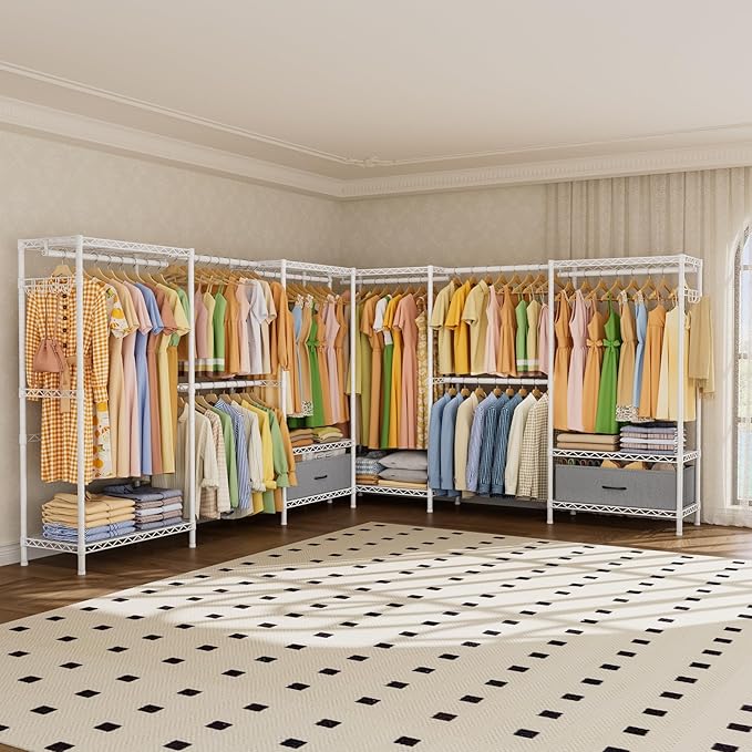 Coat Rack Clothes Wardrobe：Closet Organizer and Storage Clothing Garment Rack with Shelves Heavy Duty for Hanging Clothes Portable Adjustable White 15.8" DX69 WX76.5 H