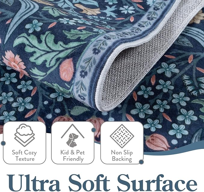 Moynesa Floral Washable Rug, Boho 5x7 Area Rugs for Living Room, Non Slip Large Dining Room Rug Under Table, Botanical Ultra Thin Floor Carpet for Bedroom Home Office, Blue