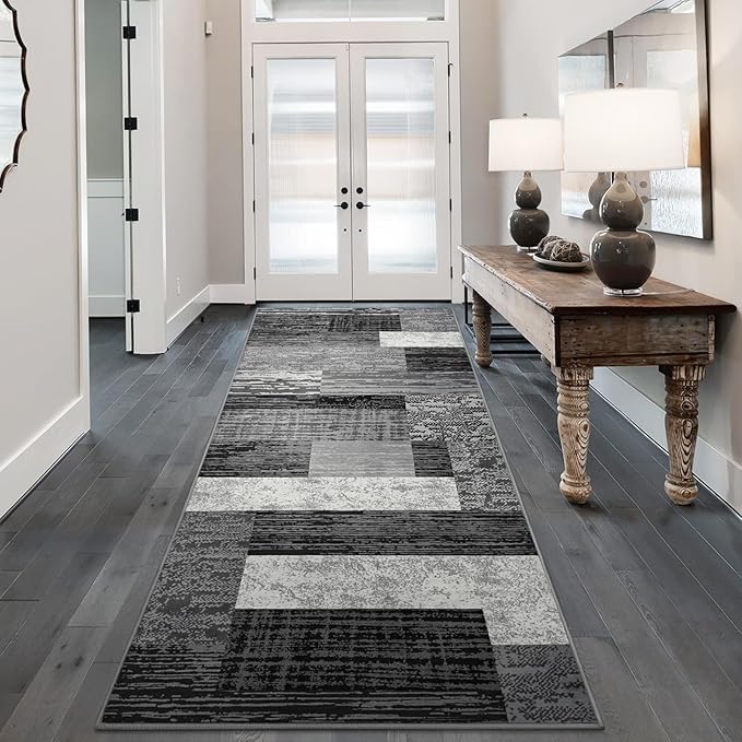 FlyDOIT Modern Geometric Patchwork Area Rug, 2x6 Grey Runner Rugs for Living Room, Rockwood Collection Indoor Rugs for Bedroom, Throw Carpet Floor Decor for Entryway Dining Room Office Nursery