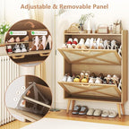 Shoe Cabinet with 2 Flip Drawers, Farmhouse Hidden Shoe Storage Cabinets, Narrow Wooden Shoes Organizer for Entryway, Slim Freestanding Shoe Rack Cabinet for Front Door Entrance, Rattan Natural