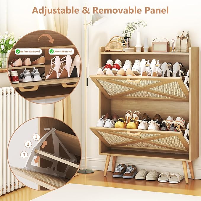 Shoe Cabinet with 2 Flip Drawers, Farmhouse Hidden Shoe Storage Cabinets, Narrow Wooden Shoes Organizer for Entryway, Slim Freestanding Shoe Rack Cabinet for Front Door Entrance, Rattan Natural