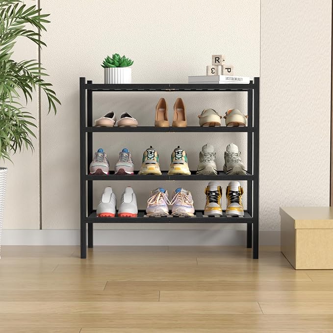 4 Tier (Thick) Bamboo Shoe Rack for Closet Free Standing Wood Shoe Shelf for Entryway Small Space Stackable 27"x12"x28" (Blackl)