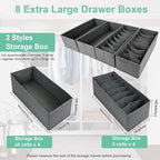 homyfort 8 Pack Dresser Drawer Organizers and Storage Bins for Clothing, Large Drawer Organizer Bins for Baby Clothes, T-Shirts, Bra, Underwear, Socks (Grey)