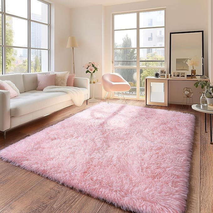 Pink Rug for Girls Bedroom, 5x7 Area Rug for Cute Girls Room, Bedside Indoor Floor Fluffy Shag Carpet, Plush Soft Rug for Living Room Nursery Dorm Home Decor