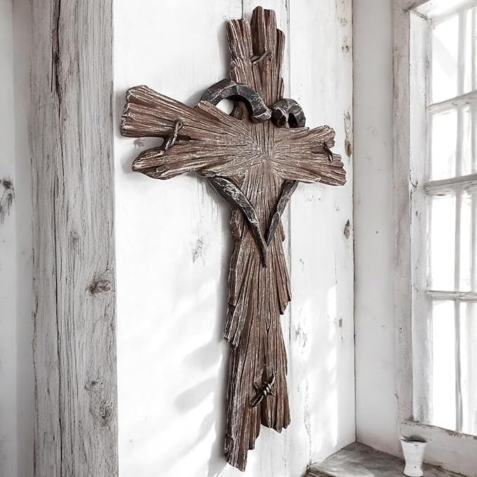 Rustic Wood-Look Resin Wall Cross with Barbed Wire & Nail Heart Accents – 11 ½” Christian Farmhouse Wall Décor, Inspirational Religious Gift (Rustic Brown)
