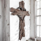 Rustic Wood-Look Resin Wall Cross with Barbed Wire & Nail Heart Accents – 11 ½” Christian Farmhouse Wall Décor, Inspirational Religious Gift (Rustic Brown)