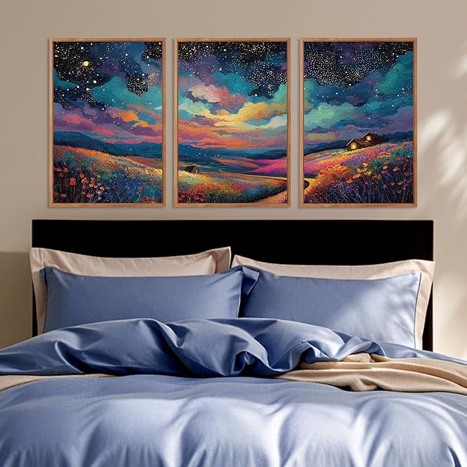 KAIRNE Framed Abstract Midnight Canvas Wall Art,Large Starry Night Prints Set of 3(16”X24”),Colorful Galaxy Space Wildflowers Wall Decor,Nature Dark Night Scene Paintings for Living Room Bedroom Decoration