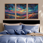 KAIRNE Framed Abstract Midnight Canvas Wall Art,Large Starry Night Prints Set of 3(16”X24”),Colorful Galaxy Space Wildflowers Wall Decor,Nature Dark Night Scene Paintings for Living Room Bedroom Decoration