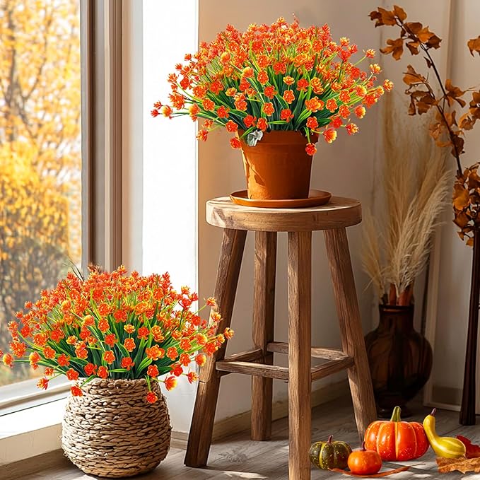 12 Bundles Artificial Flowers for Outdoors Spring Summer Decorations, UV Resistant Fake Mums Realistic Fake Plants Faux Plastic Flowers for Outdoor Indoor Home Gardens Porch Fall Decor(Orange Red)