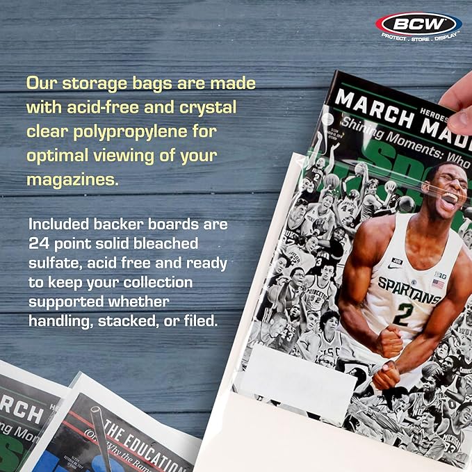 BCW Magazine Bags and Boards – (100 Pack) | Premade Non-Resealable Magazine Protectors | Standard Size 8 ¾" x 11 ⅛" | Magazine Sleeves and Boards Pre-Loaded for Storage and Display