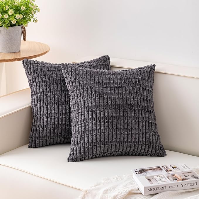 Aegero Pack of 2 Corduroy Decorative Throw Pillow Covers 20x20 InchSoft Striped Pillow Covers Modern Farmhouse Home Decor for Sofa Living Room Couch Bed（Dark Grey）