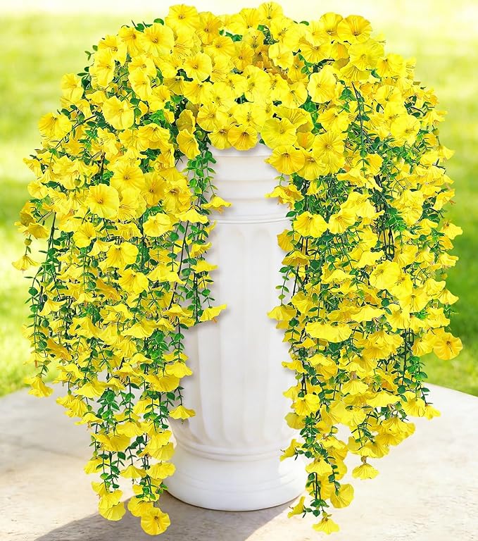 Artificial Hanging Flowers for Outdoors, 6 PCS Silk Morning Glory Artificial Flowers with Eucalyptus Leaves, UV Resistant Fake Flower Realistic Faux Plants for Home Patio Porch Garden Decor, Yellow