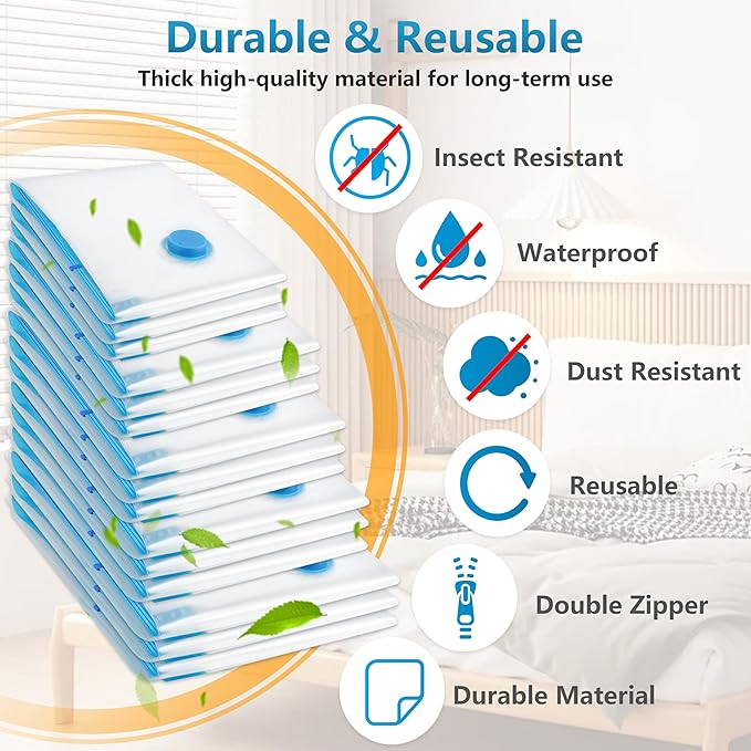 6 Pack Vacuum Storage Bags，Space Saver Bags(6 Pack Large),Compression for Comforters and Blankets, Sealer Clothes Storage, Hand Pump Included