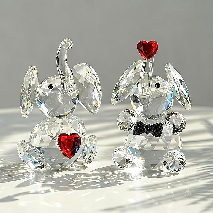 HDCRYSTALGIFTS Set 2 Crystal Elephant Figurines Gift for Women 3.5'' Miniature Glass Animals Collectible Valentine's Day Wedding Anniversary Tabletop Decoration