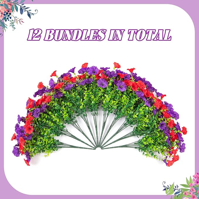 Artificial Flowers for Outdoors Decoration, 12 Bundles Fake Plastic Flower Plant, Faux Colorful Silk Morning Glory Eucalyptus for Spring Summer Outside Garden Porch Front Door Decor, Red Purple