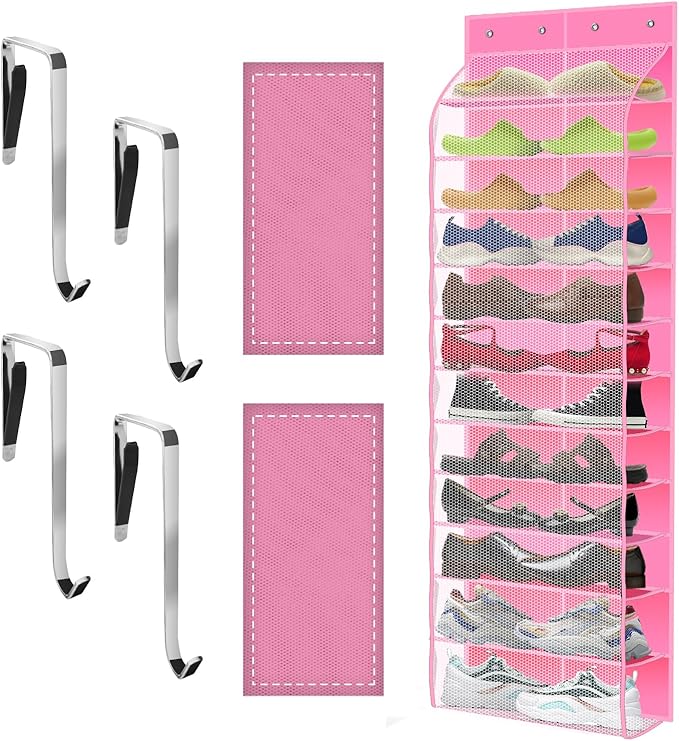 Over The Door Shoe Organizer with 12 Large Breathable Pockets - Durable Hanging Storage for the Entire Family's Shoes (Pink)