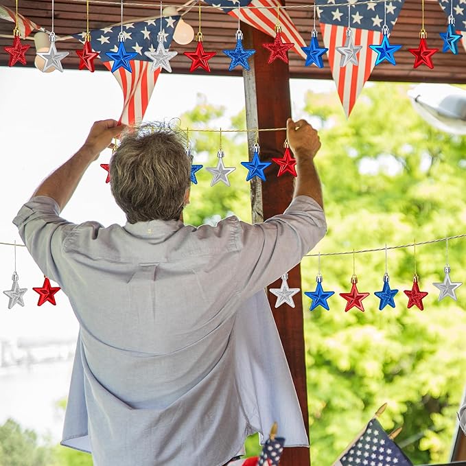 48PCS Fourth of July Decorations for Tree, America Star Ornaments, Pre-Assembled Patriotic Star Ornaments, Red Silver and Blue 250 Anniversary USA Merchandise for Independence Day Memorial Day Decor