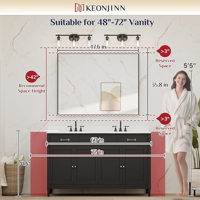 Keonjinn 48 x 36 Inch Black Bathroom Mirror, Large Rectangle Mirror for Vanity, Matte Black Metal Framed Farmhouse Mirrors, Square Corner Rectangular Wall Mirrors for Over Sink(Horizontal/Vertical)